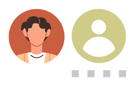 Two circular user icons, one detailed, one generic, accompanied by square placeholders. Ideal for identity, accounts, profiles, UX design interface user roles anonymity. Simple flat metaphorのイラスト素材
