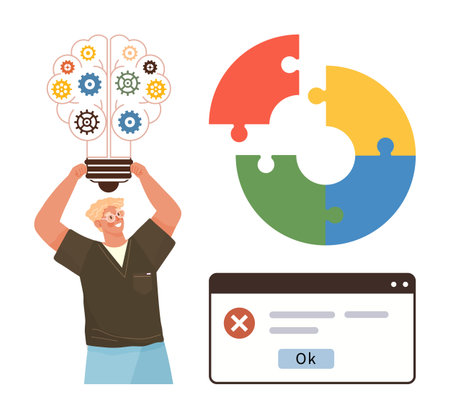 Person lifting light bulb with gears symbolizing ideas, colorful puzzle chart indicating connection, browser error message for troubleshooting. Ideal for creativity, teamwork, analysisのイラスト素材