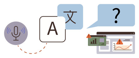Microphone, speech bubbles with letters, language, data charts, caution signs, and question mark emphasize translation, interpretation, global communication AI and accessibility. Ideal for techのイラスト素材