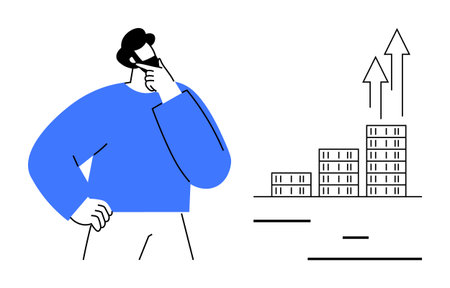 Man pondering next steps, standing near stacked bar chart with arrow indicators of growth. Ideal for business strategy, investment planning, success, decision-making, motivation, analytics, simpleのイラスト素材