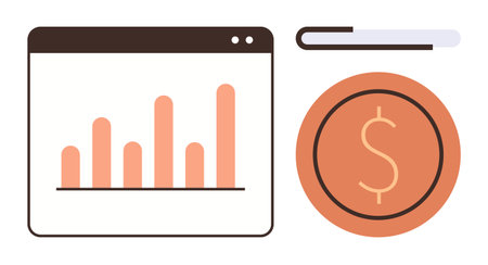 Bar graph in web browser window paired with a dollar coin, representing financial growth, analysis, and budgeting. Ideal for finance, analytics, profit, business, investments planningのイラスト素材