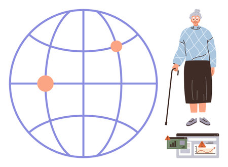 Elderly woman with cane alongside stylized globe and data analytics displays, representing global connectivity, aging population, technology usage, digital literacy, healthcare, education, simpleのイラスト素材