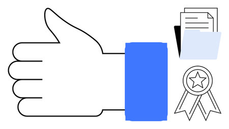 Thumbs up hand with stack of documents, folder, and award medal representing approval, achievement, or success. Ideal for recognition, business, productivity, accomplishment teamwork validationのイラスト素材