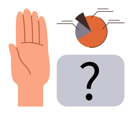 Raised hand beside segmented pie chart and question mark. Ideal for decision-making, voting, uncertainty, data analysis, prioritization, communication, teamwork. Minimal flat metaphorのイラスト素材