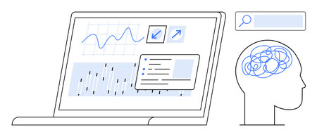 Laptop displaying graphs, charts, and lists, brain illustration symbolizing thinking, search bar suggesting exploration. Ideal for analytics, education, innovation, AI research data simple landingのイラスト素材