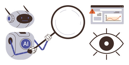 AI robot holding magnifying glass examines data on screen with chart and red alert icon, next to eye imagery. Ideal for data analysis, AI, technology, research, monitoring, security, automationのイラスト素材