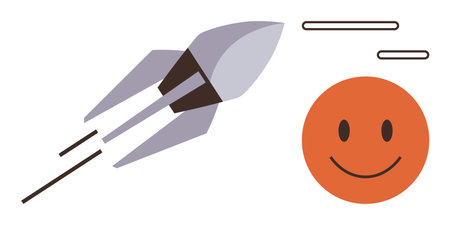 Rocket soaring with motion lines heading to a smiling orange face. Ideal for innovation, optimism, success, progress, goal setting, achievement, motivation. Simple flat metaphorのイラスト素材