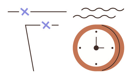 Brown clock with abstract lines, wavy patterns, and cross marks symbolizing time, planning, and deadlines. Ideal for productivity, organization, scheduling, strategy goal-setting reminders simpleのイラスト素材
