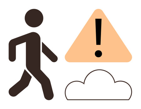 Walking figure beside caution triangle with exclamation mark and minimal cloud shape. Ideal for safety, alert, hazard, awareness, risk management, prevention, warning. Simple flat metaphorのイラスト素材