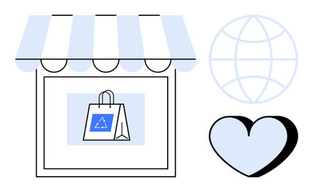 Storefront with recyclable shopping bag displaying recycling sign. Globe symbolizes global responsibility, and heart represents commitment to sustainability. Ideal for environmental awareness