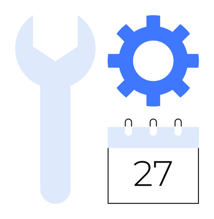 Gear, wrench, and calendar with date emphasizing repairs, optimization, and organization. Ideal for business, project planning, engineering, time management scheduling productivity simple flatのイラスト素材