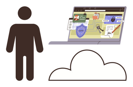 Individual beside laptop displaying data protection systems, encryption tools, and GDPR compliance in a cloud. Ideal for security, privacy, cloud storage, compliance, digital safety, ITのイラスト素材