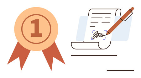Golden award ribbon beside signed document and pen representing accomplishment, recognition, and certification. Ideal for success, achievement, learning, award, contract, approval endorsementのイラスト素材