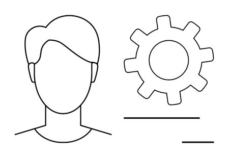 Profile outline of a person next to a gear and horizontal lines conveys settings, management, profile, engineering, thinking, organization, or identity concepts. Ideal for tech, business and HRのイラスト素材