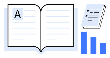 Open book with large letter A, stacked documents, and bar graph in blue. Ideal for education, reading, knowledge sharing, data analysis, research content creation learning. A simple flat metaphorのイラスト素材