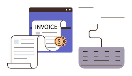 Invoice appearing on screen, coin symbol, connected keyboard. Ideal for finance, billing, accounting, online payment, e-commerce business workflow automation. Simple flat metaphorのイラスト素材