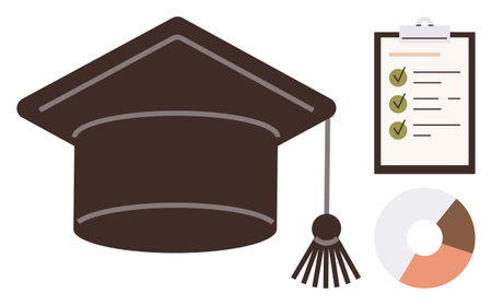 Graduation cap, checklist, and pie chart symbolizing education, goals, assessment, and success. Ideal for education, achievement, learning strategies planning research student progress academicのイラスト素材