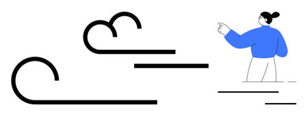 Abstract flowing air patterns with a person in blue attire standing confidently against the breeze. Ideal for concepts thumbs up resilience, movement, dynamics, weather, energy, progressのイラスト素材