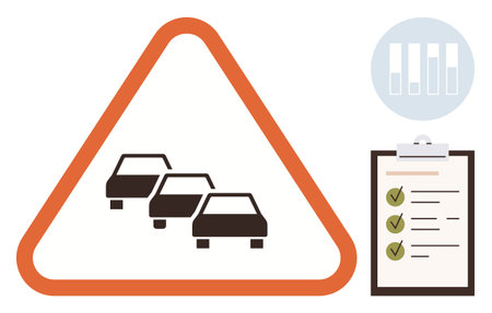 Three cars inside a triangular warning sign, notebook checklist with checkmarks, and statistical chart. Ideal for road safety, traffic management, planning, compliance, analysis, education simpleのイラスト素材