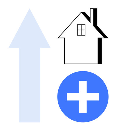Upward arrow with house and cross symbolizing home growth, health trends, and improvement opportunities. Ideal for business, insurance, real estate, health, progress, wellness simple flat metaphorのイラスト素材