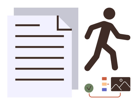 Figure moving forward near document, charts, and image placeholder with a checkmark. Ideal for productivity, workflow, planning, progress, goal achievement, organization and efficiency themesのイラスト素材