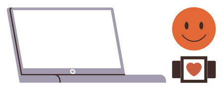 Robot with heart symbol on display next to an open laptop. Ideal for technology, artificial intelligence, robotics, innovation, machine learning, digital transformation, simple flat metaphorのイラスト素材