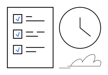 Checklist with marked tasks, a clock representing time, and a minimal cloud element. Ideal for productivity, task planning, goal setting, time tracking, deadlines, project management simple flatのイラスト素材