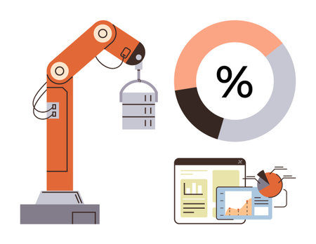 Robotic arm handling component, percentage chart, and digital analytics dashboard. Ideal for technology, industry 4.0, manufacturing, automation innovation data analysis productivity. Simple flatのイラスト素材