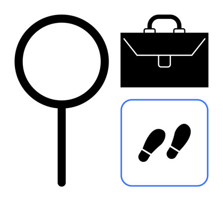 Magnifying glass, briefcase, and footprints. Ideal for themes thumbs up investigation, research, job search, exploration, discovery analysis problem-solving. Simple flat metaphorのイラスト素材