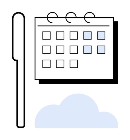 Calendar grid with highlighted squares, pen for marking dates, and abstract cloud element. Ideal for planning, organization, goal tracking, productivity, reminders, forecasting simple flat metaphorのイラスト素材