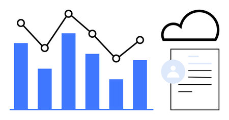 Bar graph and line chart with cloud icon and user profile document. Ideal for data analysis, cloud computing, profile management, technology, networking, statistics, innovation. Simple flat metaphorのイラスト素材