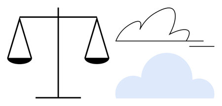 Justice scales alongside cloud graphics blend concepts of fairness and tranquility. Ideal for law, equality, atmosphere, abstract representation, balance, legal system, mindfulness. Simple flatのイラスト素材