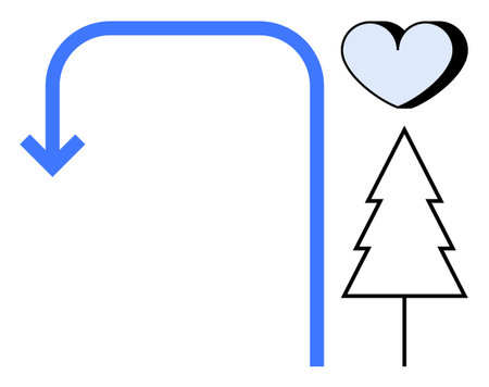 Blue arrow curving down, light blue heart, simple geometric pine tree evoke navigation, love, and nature. Ideal for eco-awareness, sustainability, guidance, direction love minimalism emotionalのイラスト素材