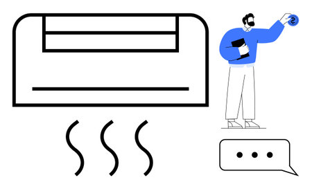 Air conditioner releasing heat waves while man holds a remote and document, dialogue bubble. Ideal for climate control, technology, energy efficiency, smart home, comfort, temperature adjustmentのイラスト素材