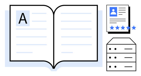 Open book with text lines, profile document with rating stars, and server stack. Ideal for data management, online learning, digital libraries, content organization, education systems, profileのイラスト素材