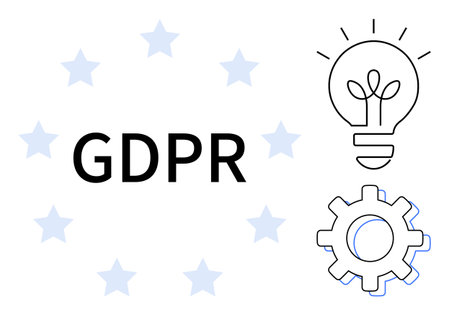GDPR text surrounded by stars, lightbulb symbolizing innovation, and gear for process efficiency. Ideal for privacy, security, compliance, regulation, innovation technology data management. Simpleのイラスト素材