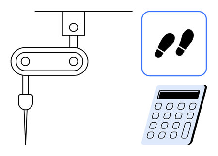 Robotic arm with drill, calculator, and footprints highlighting automation, calculation, and precise workflow. Ideal for innovation, manufacturing, engineering, robotics technology calculationsのイラスト素材
