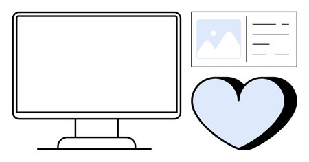 Monitor with web layout containing image and text beside a heart, symbolizing creativity, expression, and connection. Ideal for communication, design, web development, media, digital marketingのイラスト素材