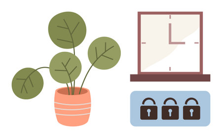 Potted plant with round leaves, wall clock showing early time, and three lock icons emphasizing security. Ideal for productivity, time management, safety, decor, organization, planning simple flatのイラスト素材