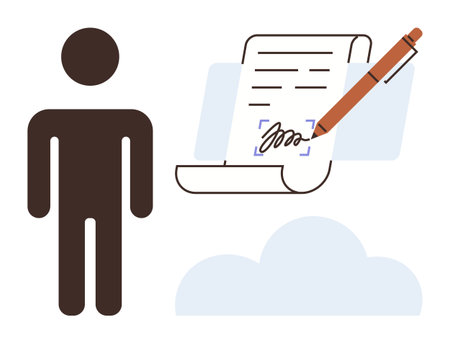 Person standing by a digital document with a pen signing, supported by a cloud design. Ideal for electronic signature, cloud services, digital agreements, technology, online security, modernのイラスト素材