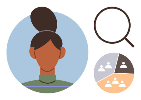 Female portrait with magnifying glass symbolizing analysis. Pie chart representing social data or demographics. Ideal for HR, analytics, recruitment, workforce, diversity, research, simple flatのイラスト素材