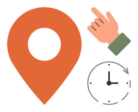 Orange geolocation pin, hand gesture pointing forward, and clock with arrow indicating time. Ideal for navigation, scheduling, geotagging, time management, location tracking, user interaction simpleのイラスト素材