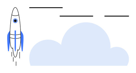 Rocket taking off next to soft blue cloud, leaving trails, with abstract horizontal lines. Ideal for innovation, growth, startup, exploration, ambition, creativity futuristic concepts simple flatのイラスト素材