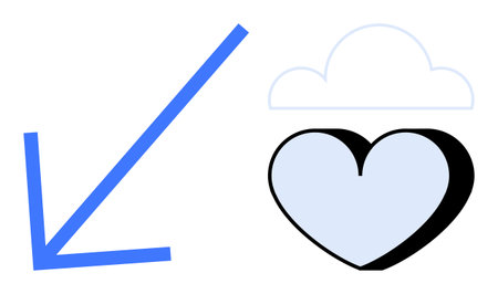 Blue downward arrow beside a cloud and heart in a minimalist graphic. Ideal for themes thumbs up emotional downturn, change, loss, mental health, heartbreak, impact, and sadness. Simple flat metaphorのイラスト素材