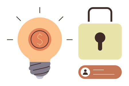 Lightbulb with dollar sign symbolizing ideas, large padlock for security, and user credentials icon. Ideal for creativity, finance, innovation, security, privacy, intellectual property and accessのイラスト素材