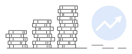 Stacks of coins increasing in height next to a rising arrow in a circular shape. Ideal for investment, profit, economics, savings, business growth, finance, wealth. Simple flat metaphorのイラスト素材