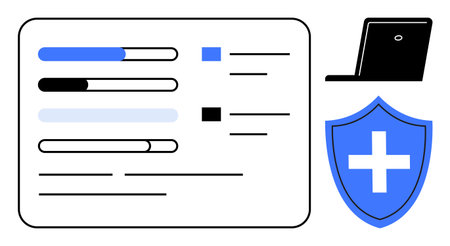 Progress bars in interface layout, shield with health cross, and laptop. Ideal for technology, data security, healthcare, digital protection, IT services, efficiency simple flat metaphorのイラスト素材