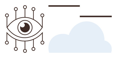 Eye surrounded by circuits connected to a cloud icon, representing vision, technology, and digital systems. Ideal for innovation, AI, cloud computing, cybersecurity, data visualization future techのイラスト素材
