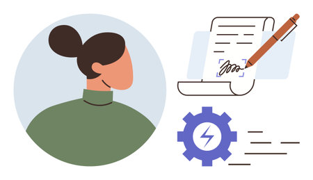 Woman observing contract signing process with signature, pen, gear, and lightning symbol. Ideal for business, workflow, management, automation technology innovation efficiency. Simple flatのイラスト素材
