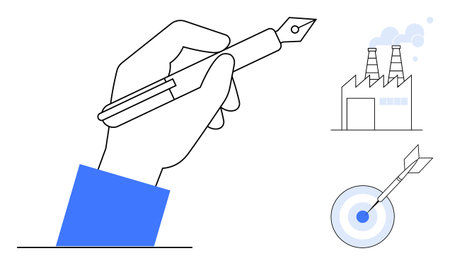 Hand holding pen symbolizing creativity, factory emitting smoke reflecting production, arrow hitting target epitomizing precision. Ideal for innovation, business, success, industry, planning, designのイラスト素材